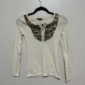 Eye Candy Cream Long Sleeve Top with Gold Sequin Accent